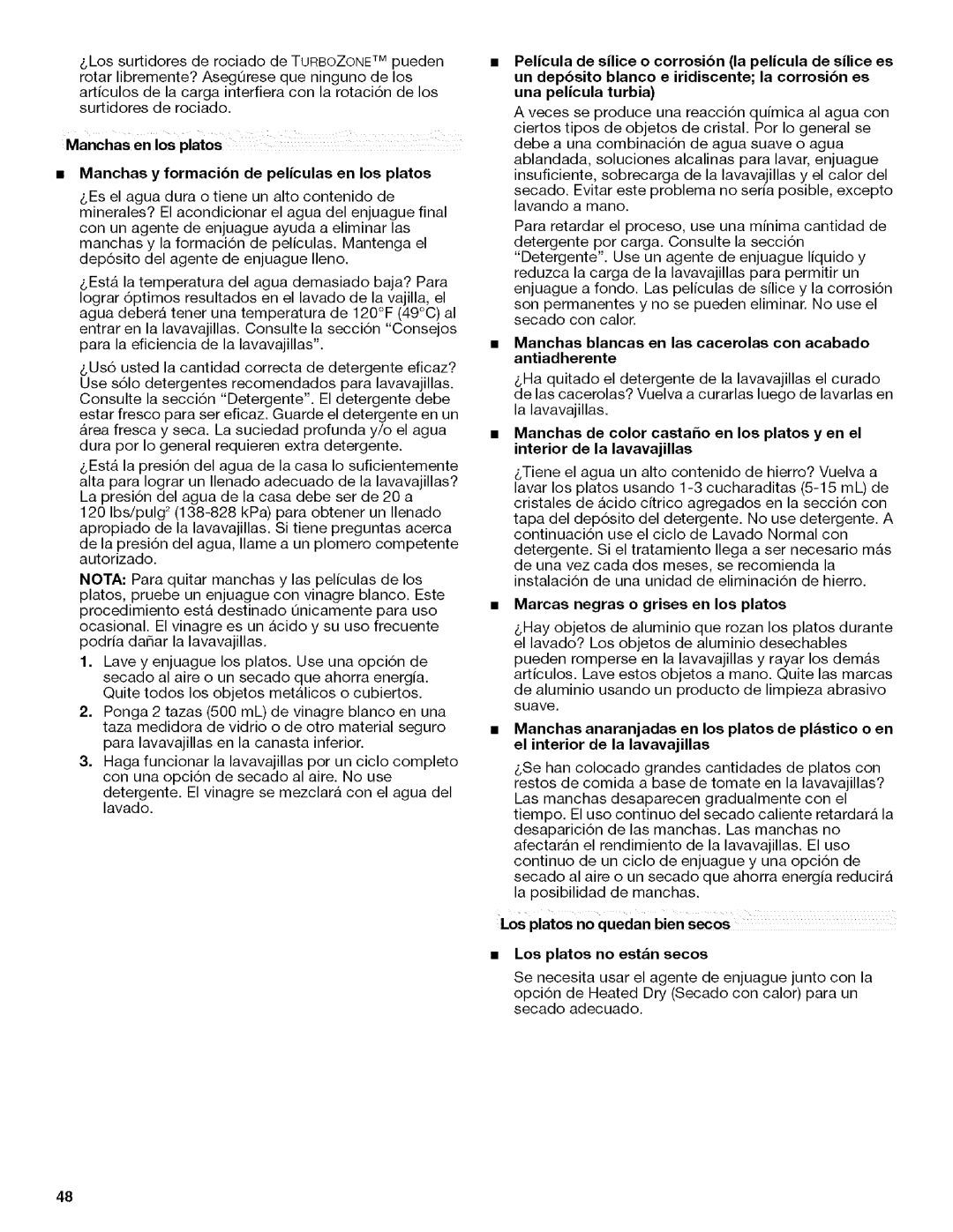 Kenmore 665.1312, 665.1342 manual LossurtidoresderociadodeTURBOZONETM pueden, Manchas y formacibn de peliculas en los platos 