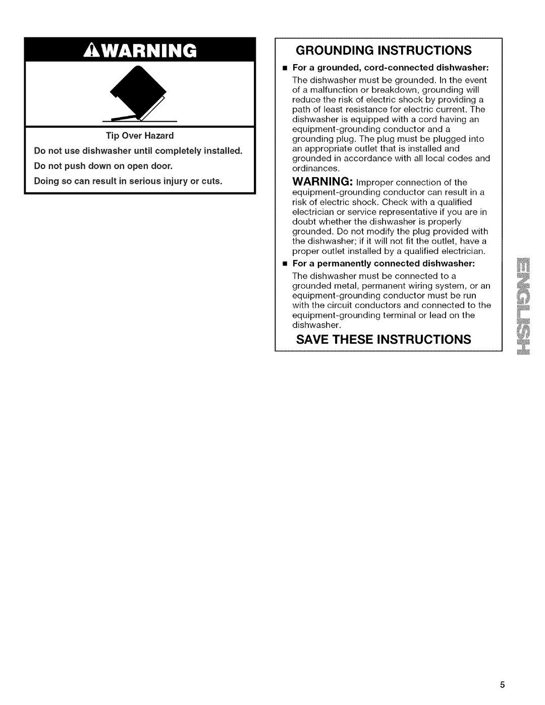 Kenmore 665.1342, 665.1312 manual Grounding Instructions, For a grounded, cord-connected dishwasher 