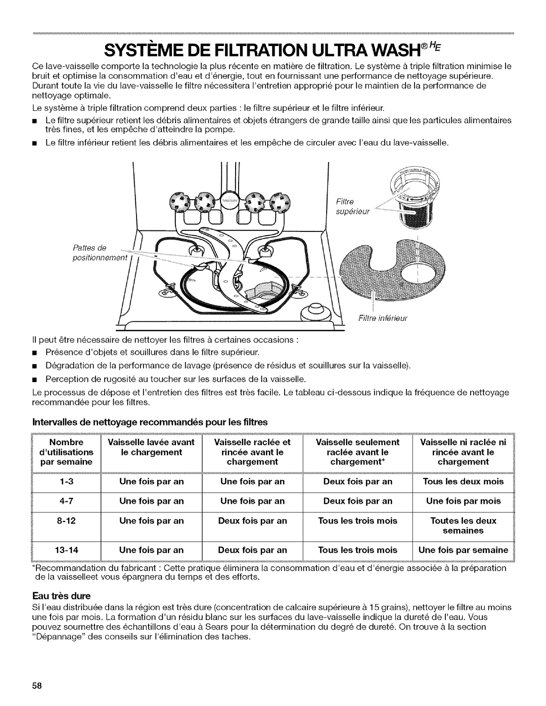 Kenmore 665.1312 manual SYST#ME DE Filtration Ultra Wash, Racl6e Avant le Rinc6e Par semaine, Chargement, Une fois par an 