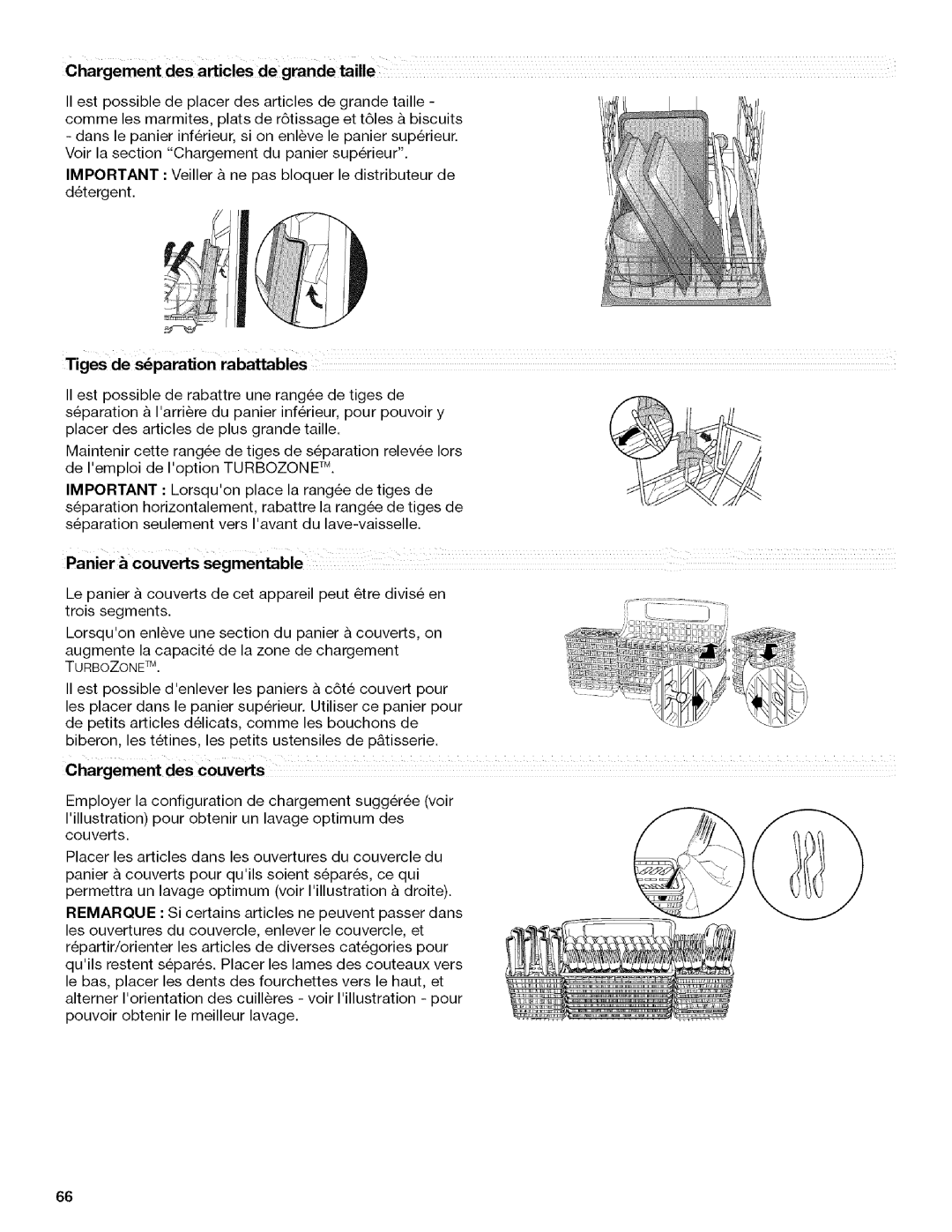 Kenmore 665.1312, 665.1342 manual Important Veiller&nepasbloquerledistributeurde d6tergent, Tigesdesparation rabattables 