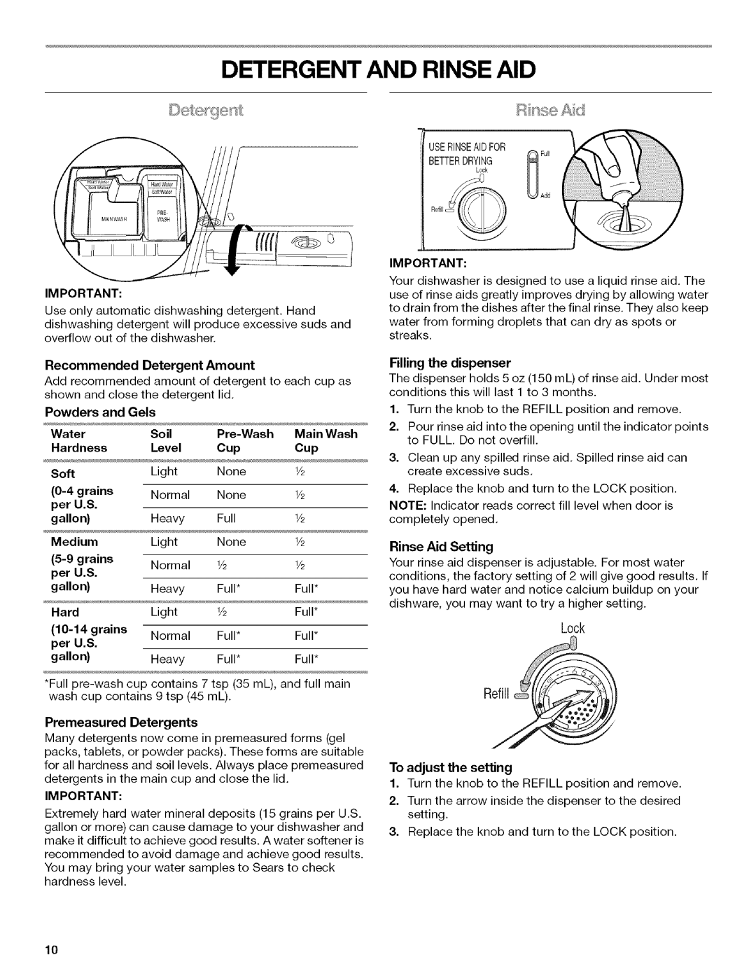 Kenmore 665.1312, 665.1342 manual Detergent And Rinse Aid, RnseAd, Lock Refill 