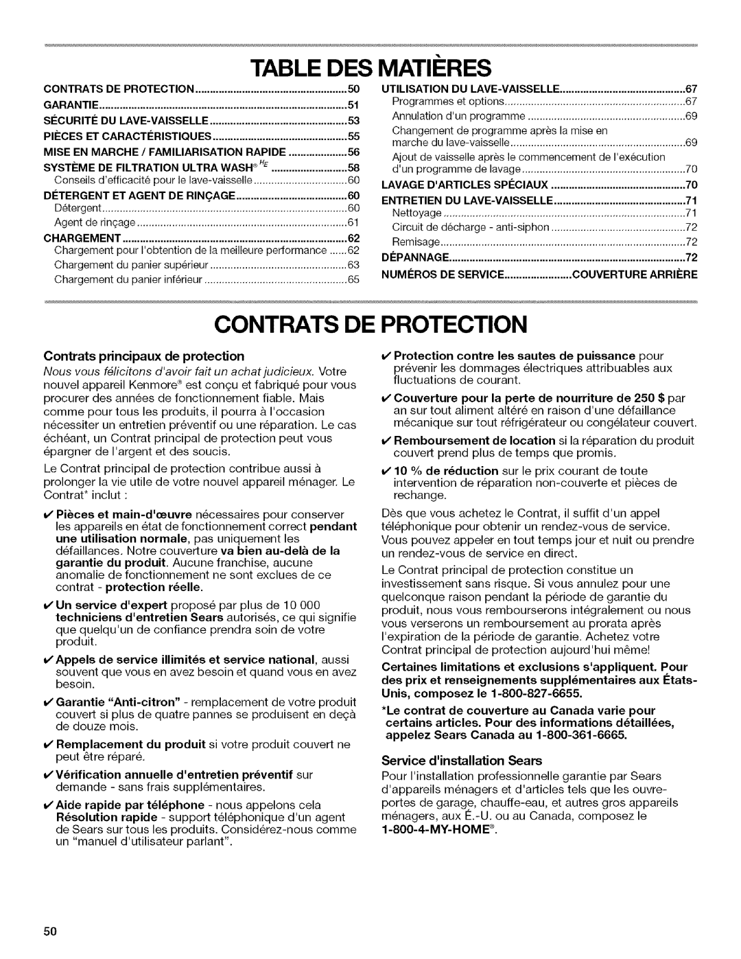 Kenmore 665.1312, 665.1342 manual Table Des Matii Res, Contrats De Protection, Contrats principaux de protection 