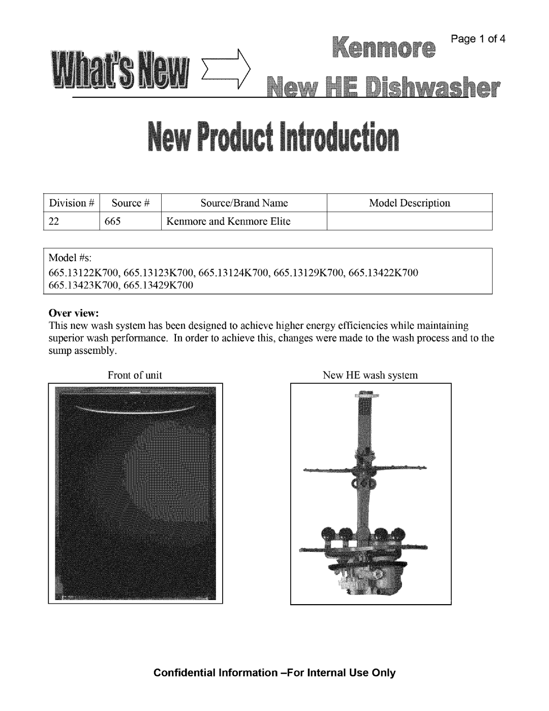 Kenmore 665.13429K700, 665.13129K700, 665.13422K700, 665.13423K700 manual Confidential Information -For Internal Use Only 