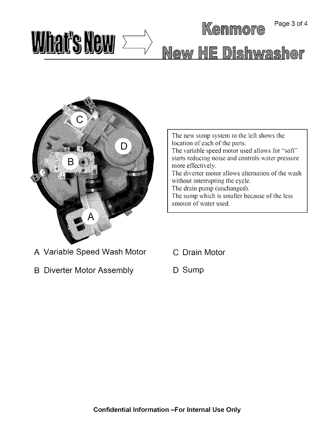 Kenmore 665.13423K700 manual A Variable Speed Wash Motor, B Diverter Motor Assembly, C Drain Motor D Sump, Page 3 of 