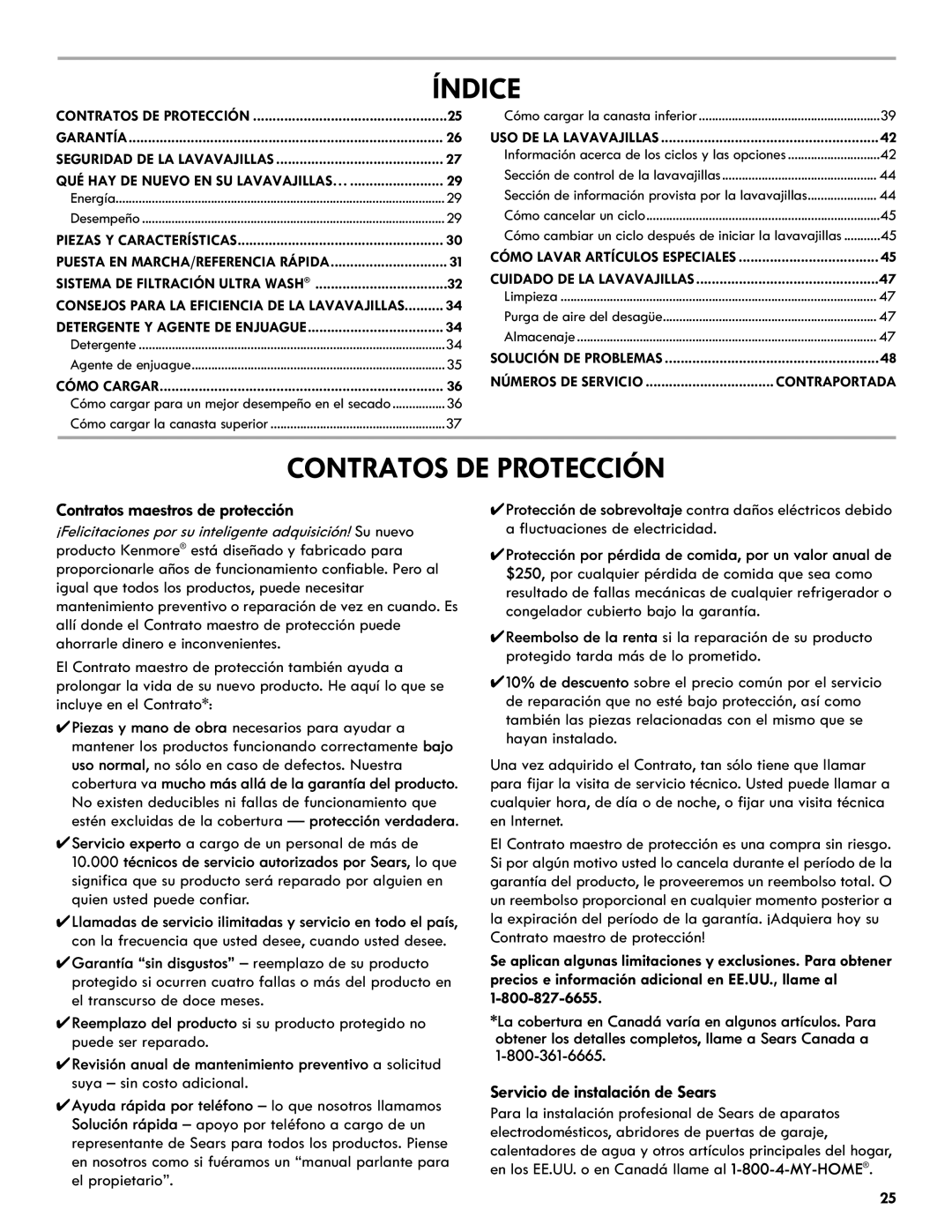 Kenmore 665.1327 manual Índice, Contratos DE Protección, Contratos maestros de protección, Servicio de instalación de Sears 