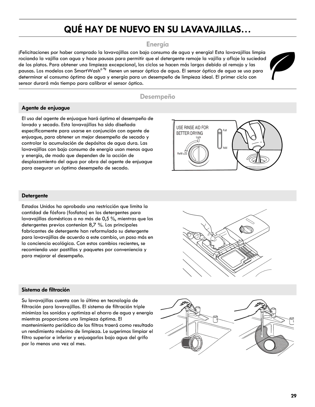 Kenmore 665.1327 manual QUÉ HAY DE Nuevo EN SU LAVAVAJILLAS…, Energía, Desempeño 