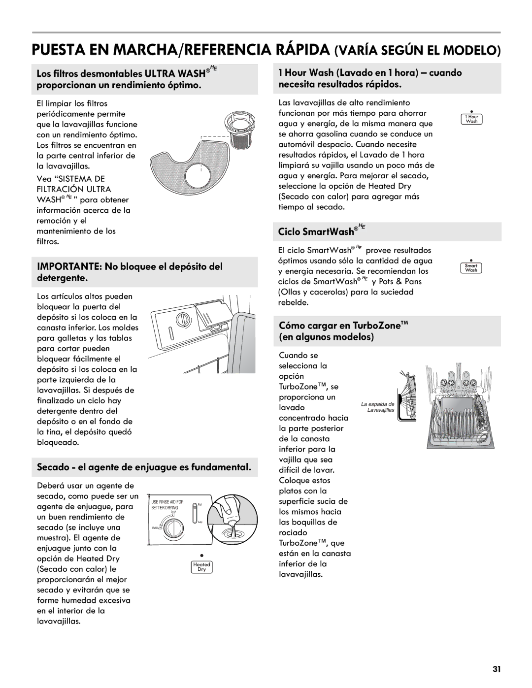 Kenmore 665.1327 manual Secado el agente de enjuague es fundamental, Cómo cargar en TurboZoneTM en algunos modelos 