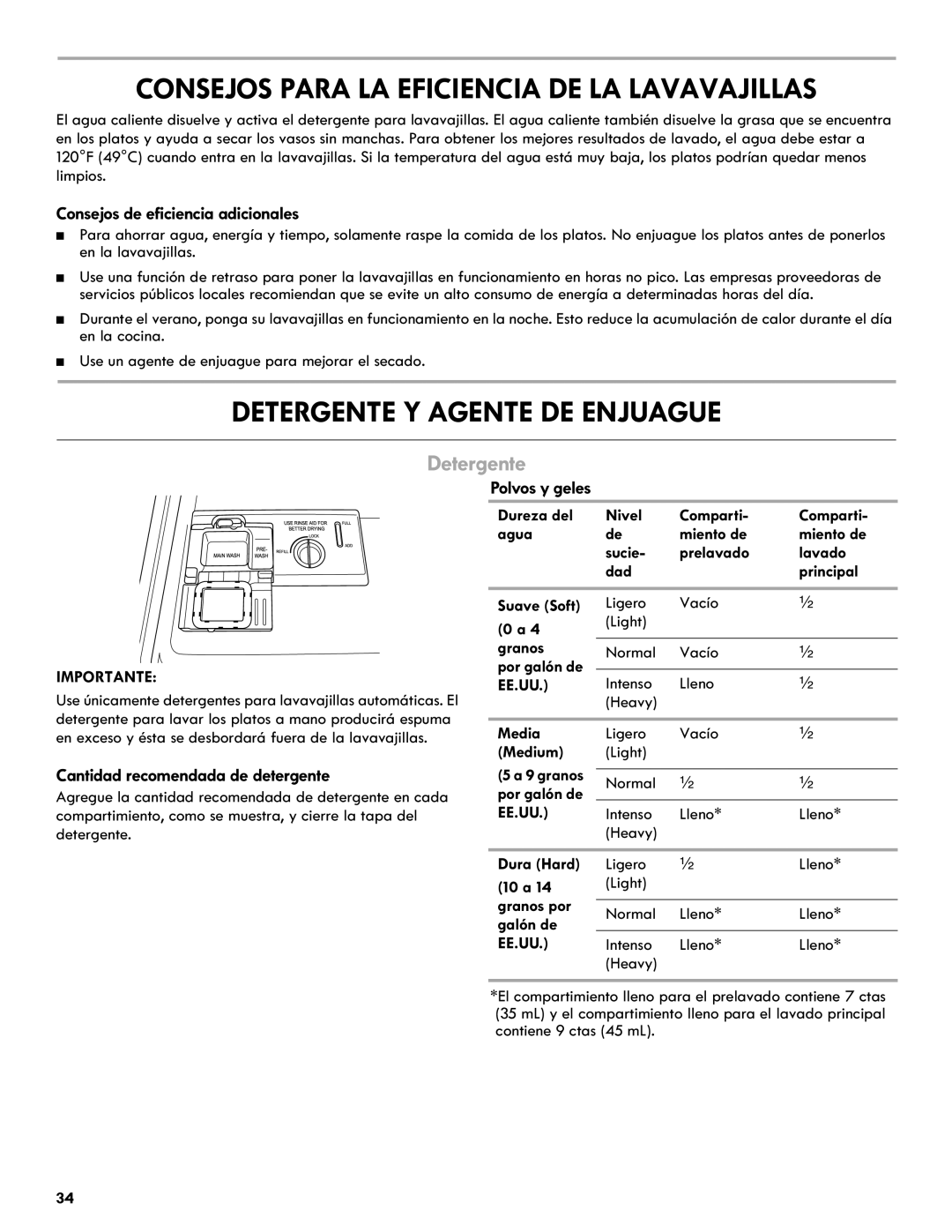 Kenmore 665.1327 manual Detergente Y Agente DE Enjuague, Consejos de eficiencia adicionales, Polvos y geles 