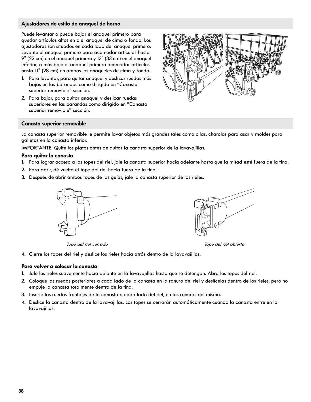 Kenmore 665.1327 manual Ajustadores de estilo de anaquel de horno, Canasta superior removible, Para quitar la canasta 