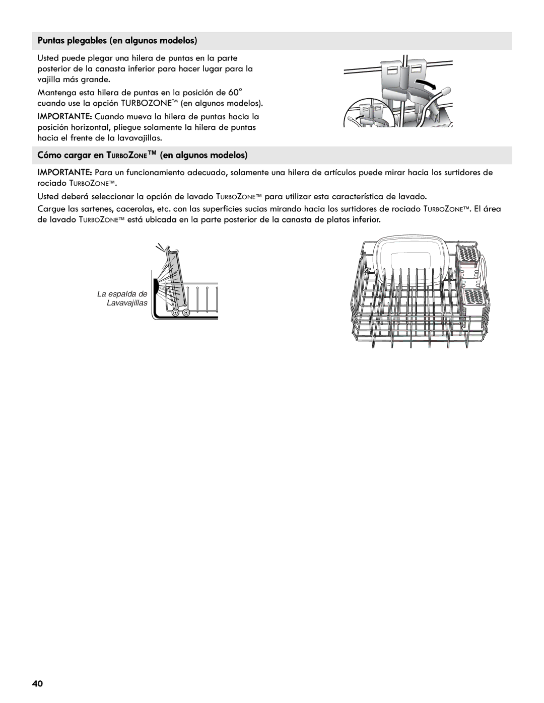 Kenmore 665.1327 manual Puntas plegables en algunos modelos, Cómo cargar en Turbozone en algunos modelos 