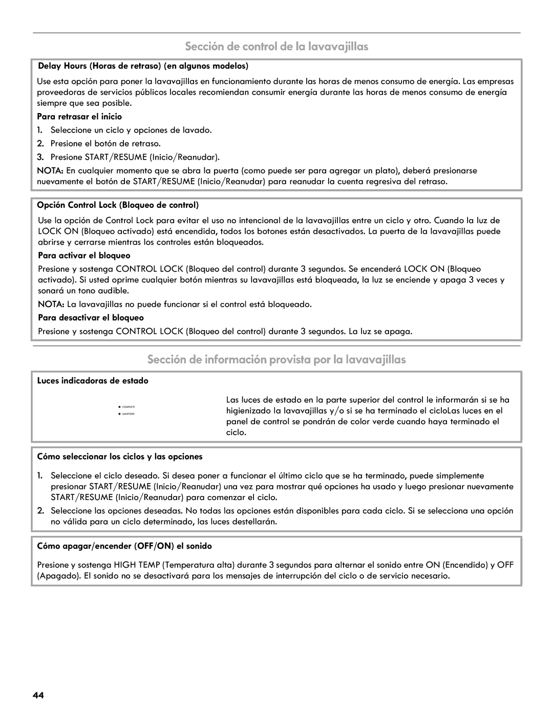 Kenmore 665.1327 manual Sección de control de la lavavajillas, Sección de información provista por la lavavajillas 