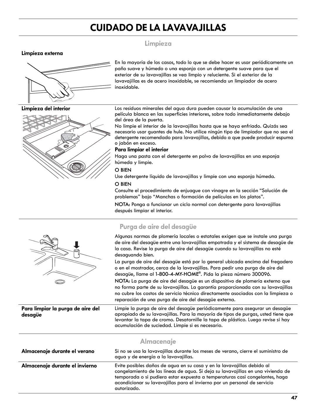 Kenmore 665.1327 manual Limpieza, Purga de aire del desagüe, Almacenaje 