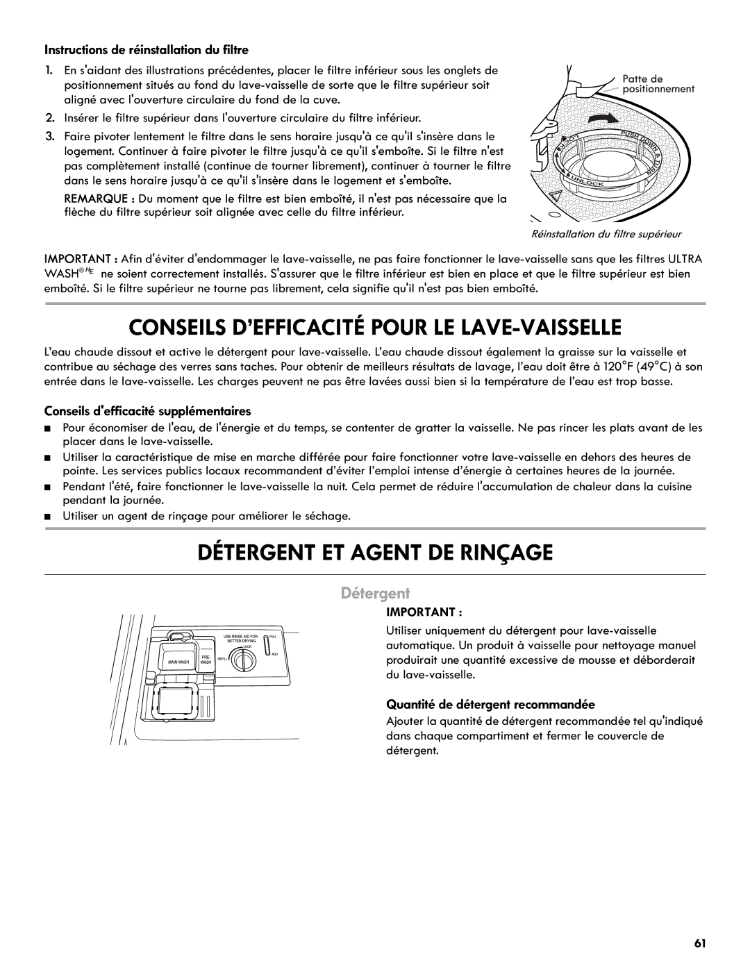 Kenmore 665.1327 manual Détergent ET Agent DE Rinçage, Instructions de réinstallation du filtre 