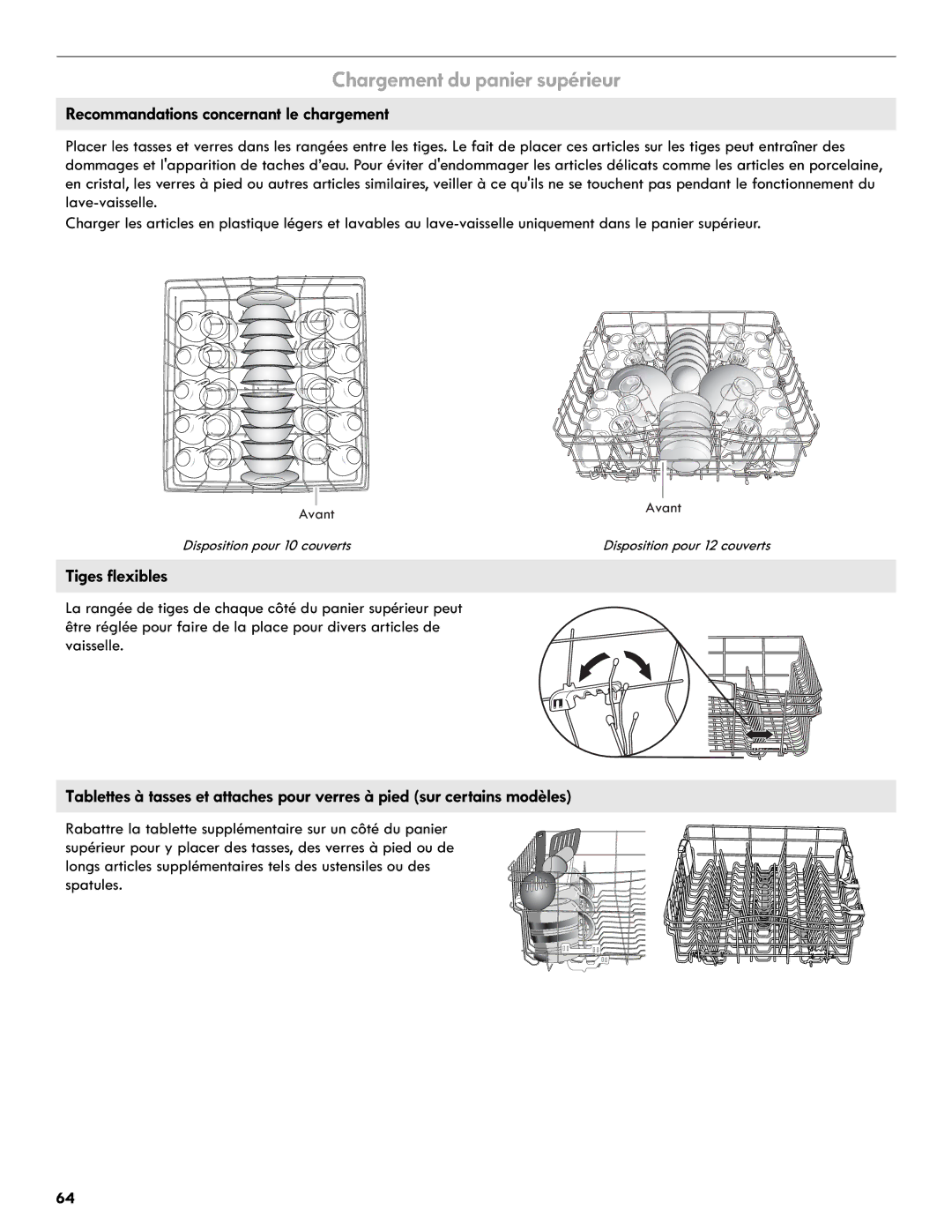 Kenmore 665.1327 manual Chargement du panier supérieur, Recommandations concernant le chargement, Tiges flexibles 