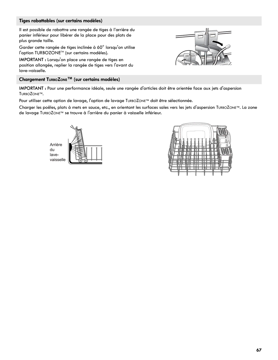 Kenmore 665.1327 manual Tiges rabattables sur certains modèles, Chargement Turbozone sur certains modèles 