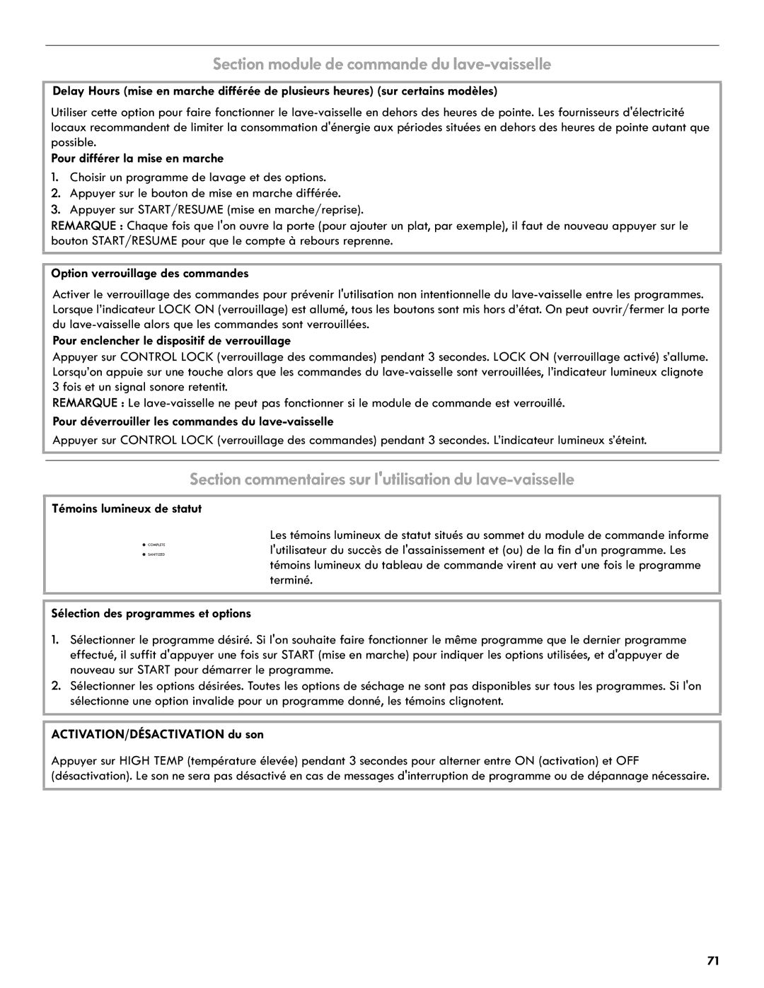 Kenmore 665.1327 Section module de commande du lave-vaisselle, Section commentaires sur lutilisation du lave-vaisselle 