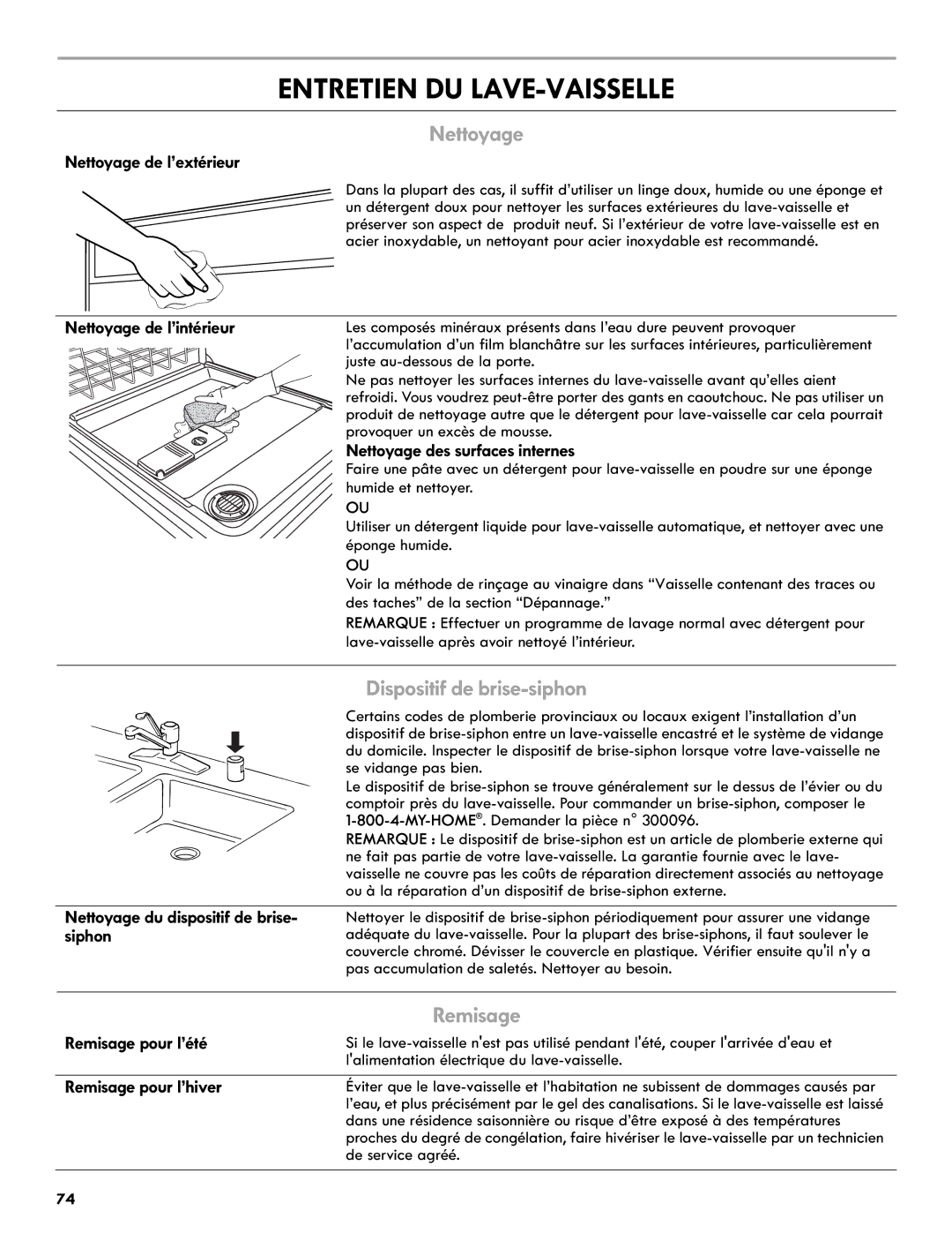 Kenmore 665.1327 manual Entretien DU LAVE-VAISSELLE, Nettoyage, Dispositif de brise-siphon, Remisage 