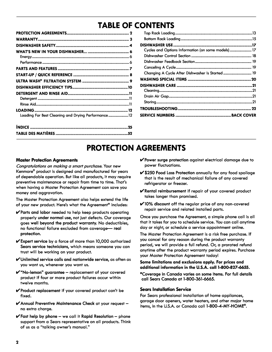 Kenmore 665.1327 manual Table Of Contents, Master Protection Agreements, Sears Installation Service 