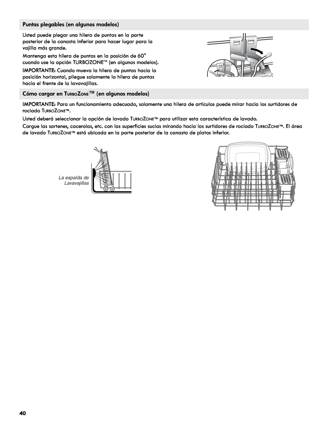 Kenmore 665.1327 manual Puntas plegables en algunos modelos, Cómo cargar en TURBOZONE en algunos modelos 