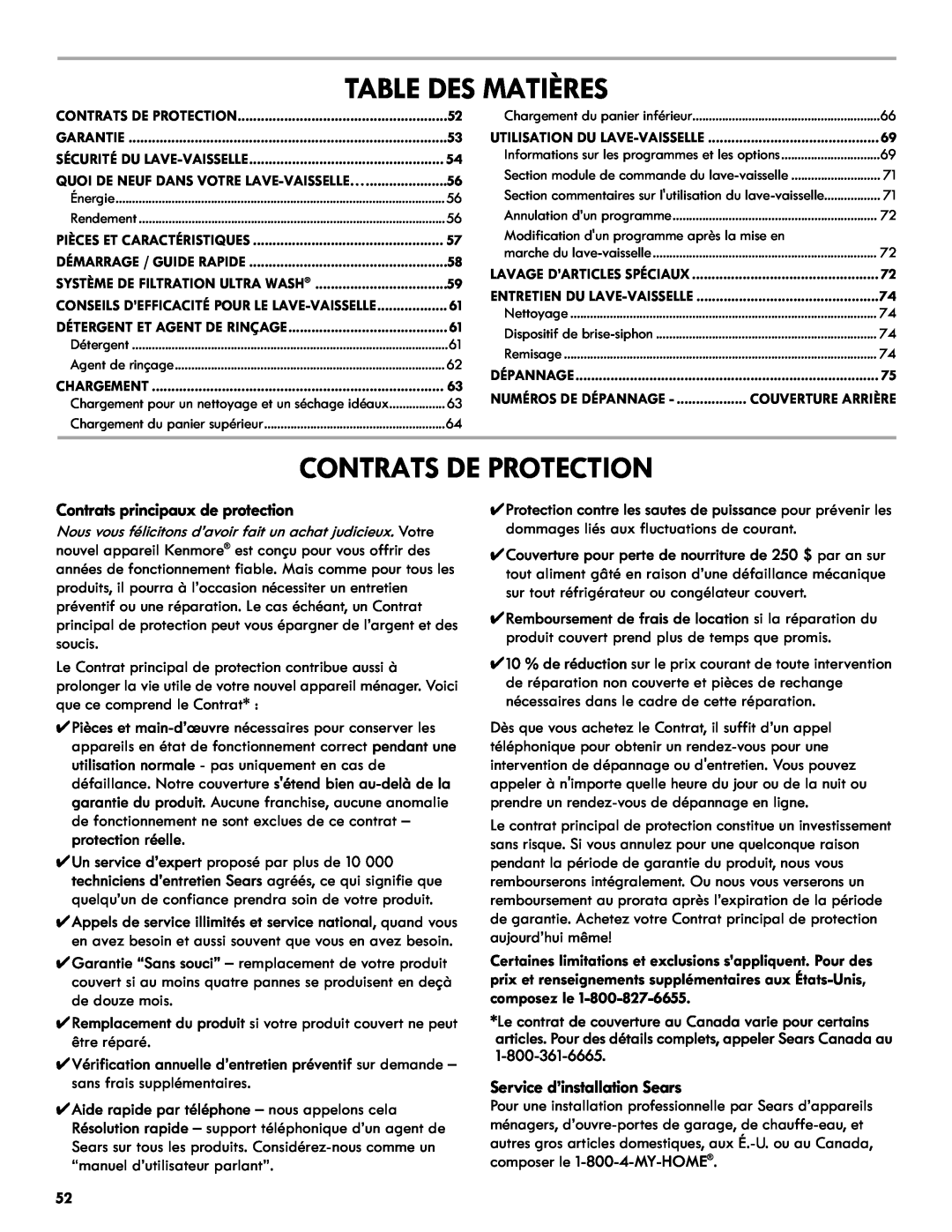 Kenmore 665.1327 manual Table Des Matières, Contrats De Protection, Contrats principaux de protection 