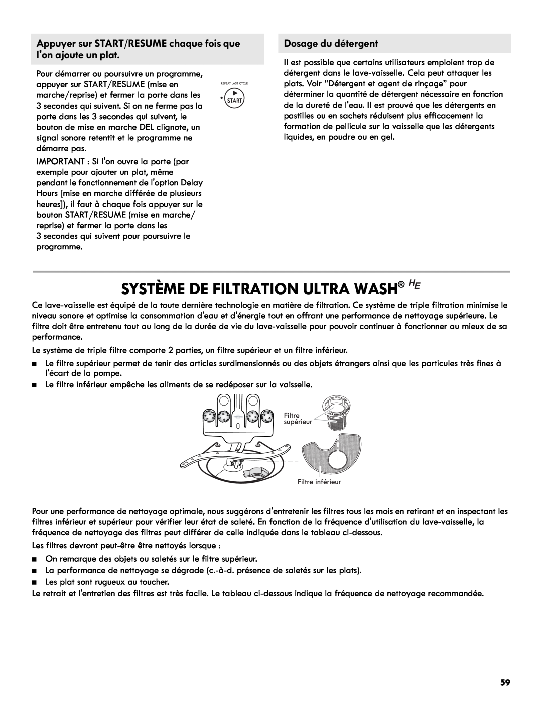 Kenmore 665.1327 manual Système De Filtration Ultra Wash He, Dosage du détergent 