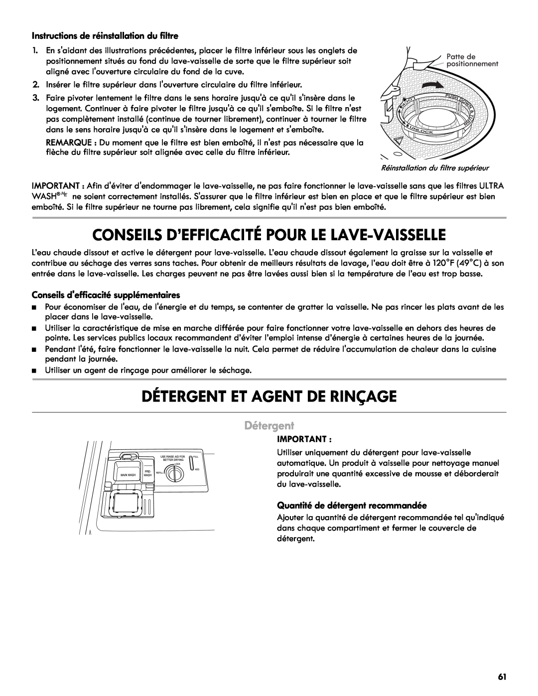 Kenmore 665.1327 manual Détergent Et Agent De Rinçage, Conseils D’Efficacité Pour Le Lave-Vaisselle 