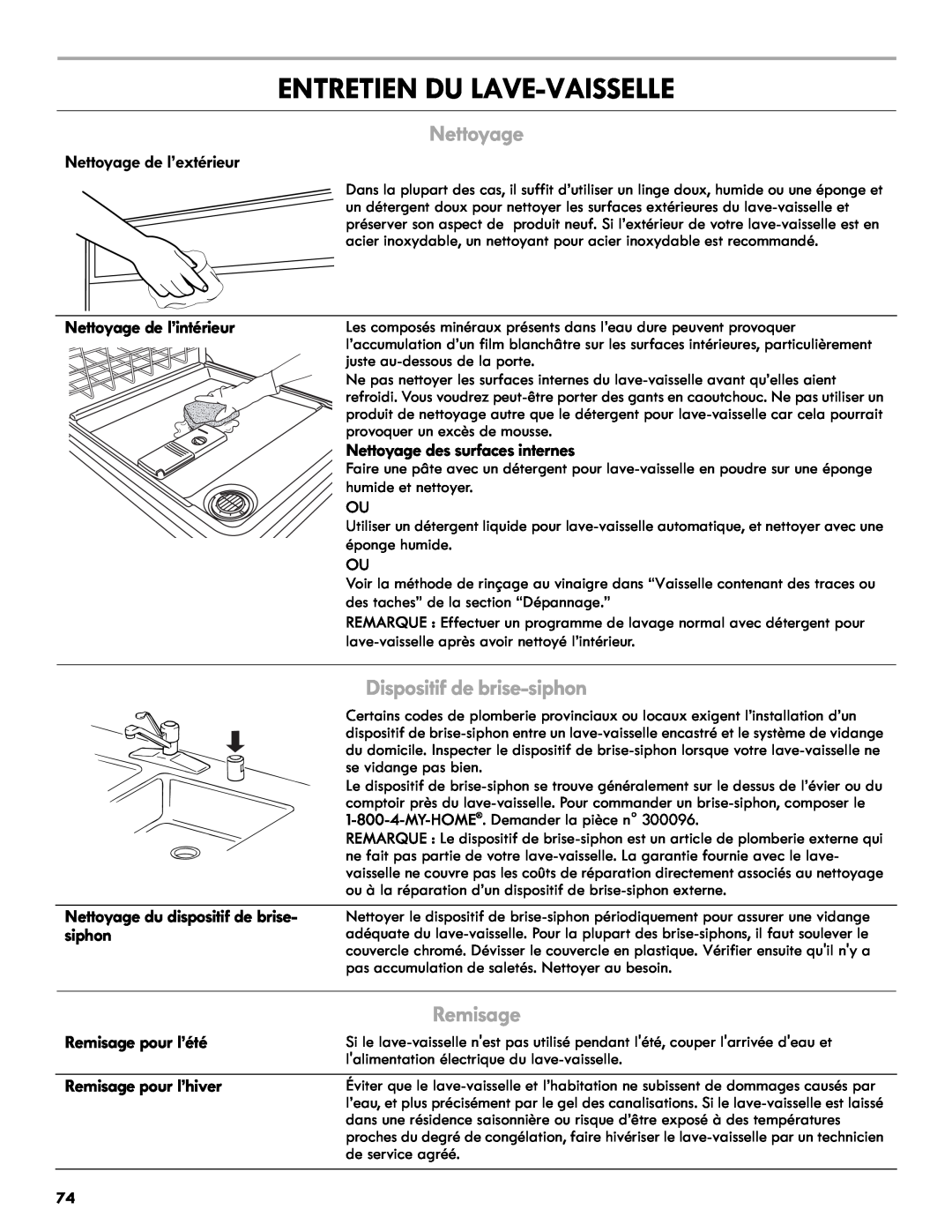 Kenmore 665.1327 manual Entretien Du Lave-Vaisselle, Dispositif de brise-siphon, Remisage, Nettoyage de l’extérieur 