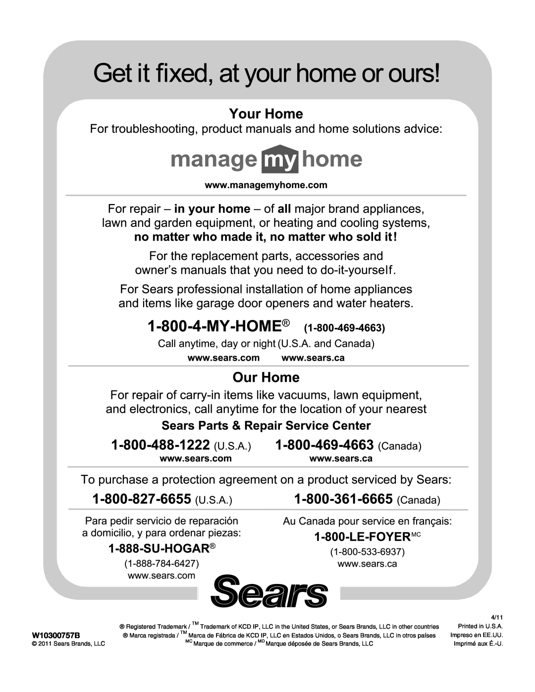 Kenmore 665.1327 manual 4/11, Printed in U.S.A, Sears Brands, LLC, Impreso en EE.UU, Imprimé aux É.-U 