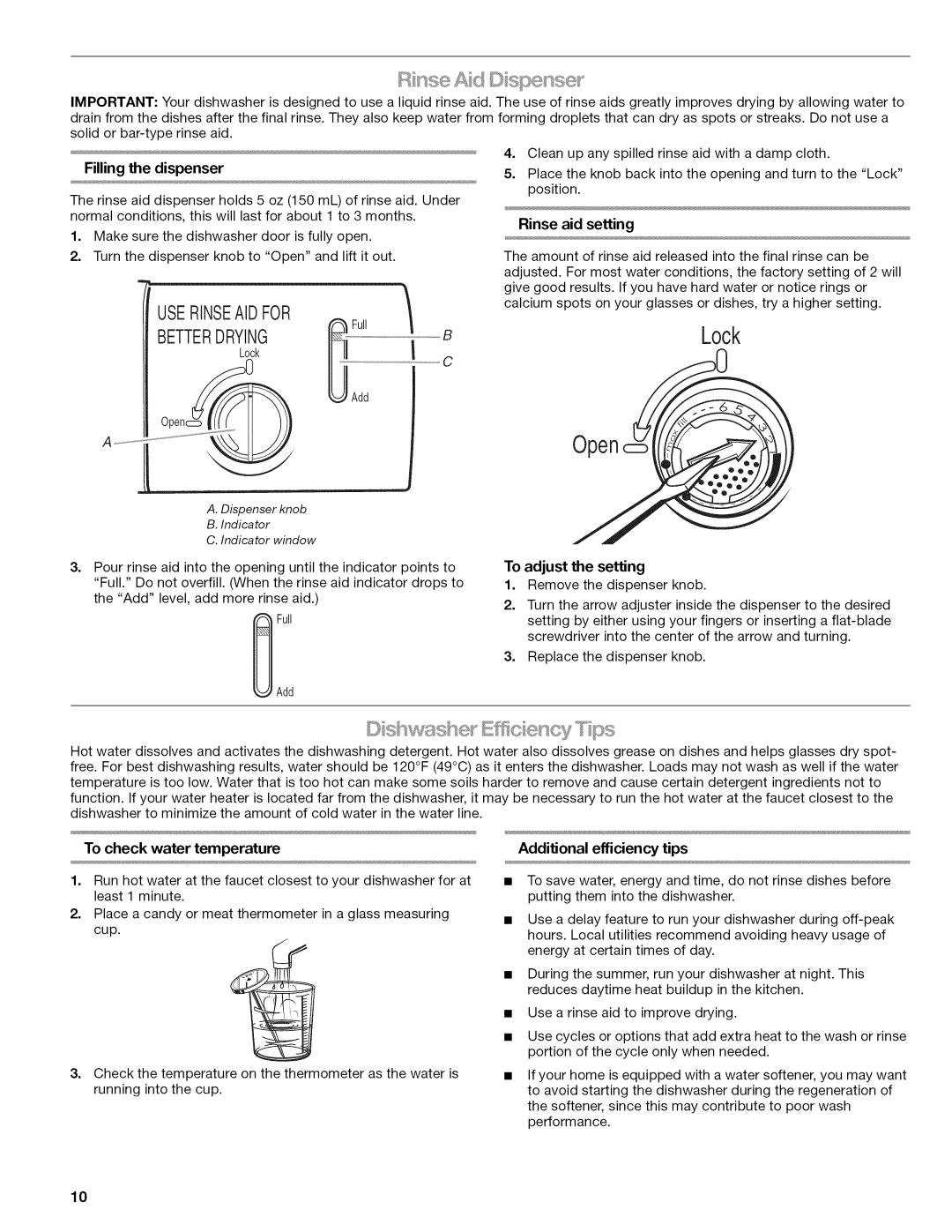 Kenmore 665.1346, 665.1347, 665.1324, 665.1345 Filling the dispenser, To check water temperature, Additional efficiency tips 