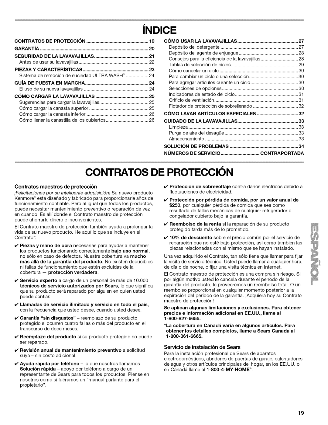 Kenmore 665.77925, 665.1346, 665.1347, 665.1324, 665.1345 manual Ndice, Contratos DE Proteccion 