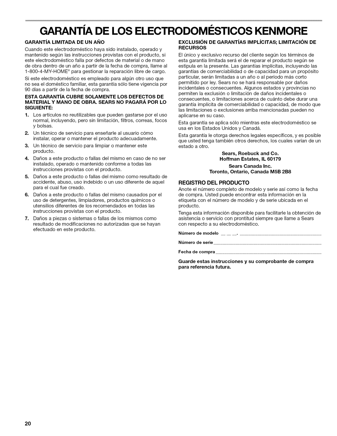 Kenmore 665.1346, 665.1347 Garanta DE LOS Electrodomesticos Kenmore, GARANTiA Limitada DE UN Aiio, Registro DEL Producto 