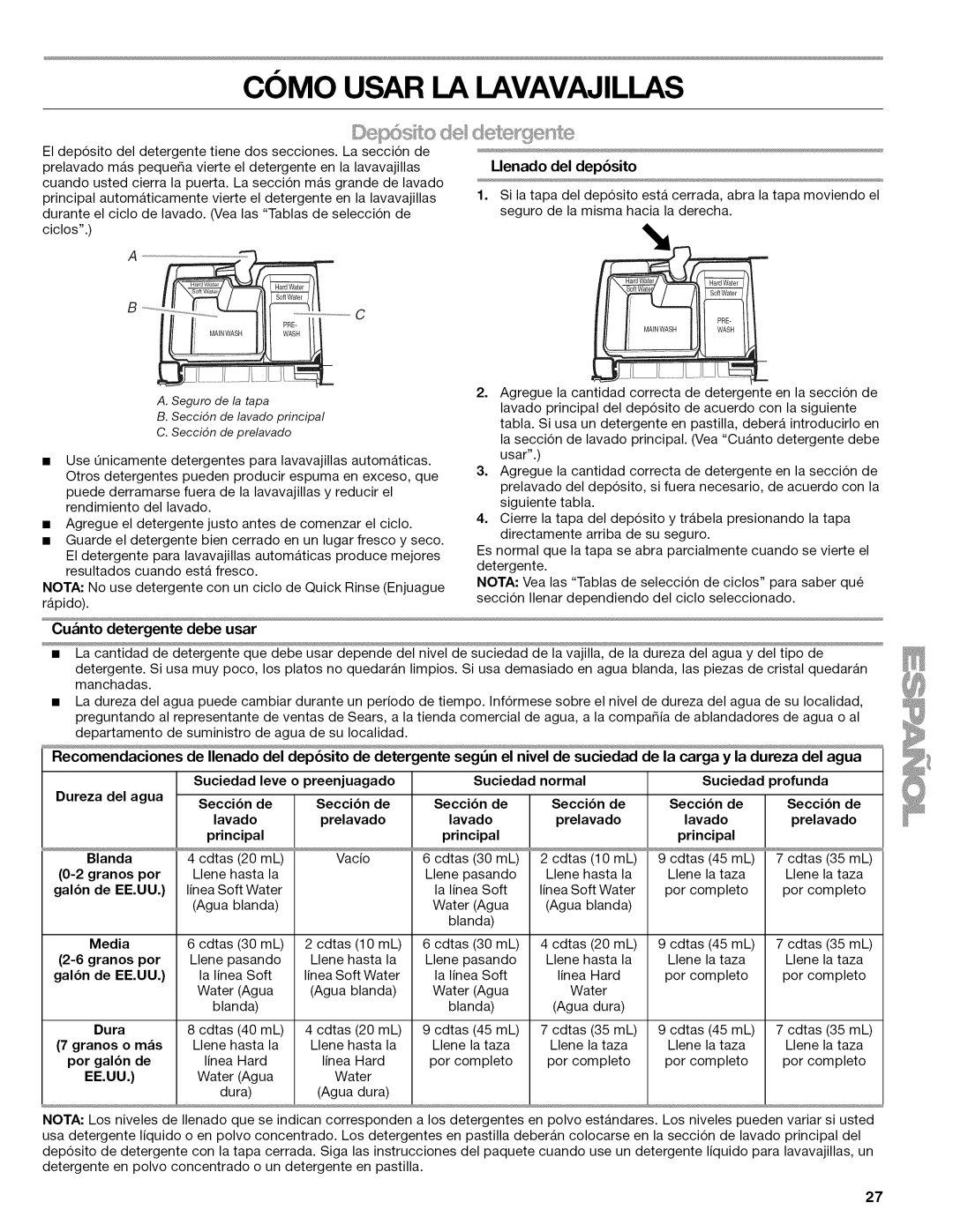 Kenmore 665.1324, 665.1346, 665.1347, 665.1345, 665.77925 manual Como Usar LA Lavavajillas, Llenado del dep6sito, Ee.Uu 