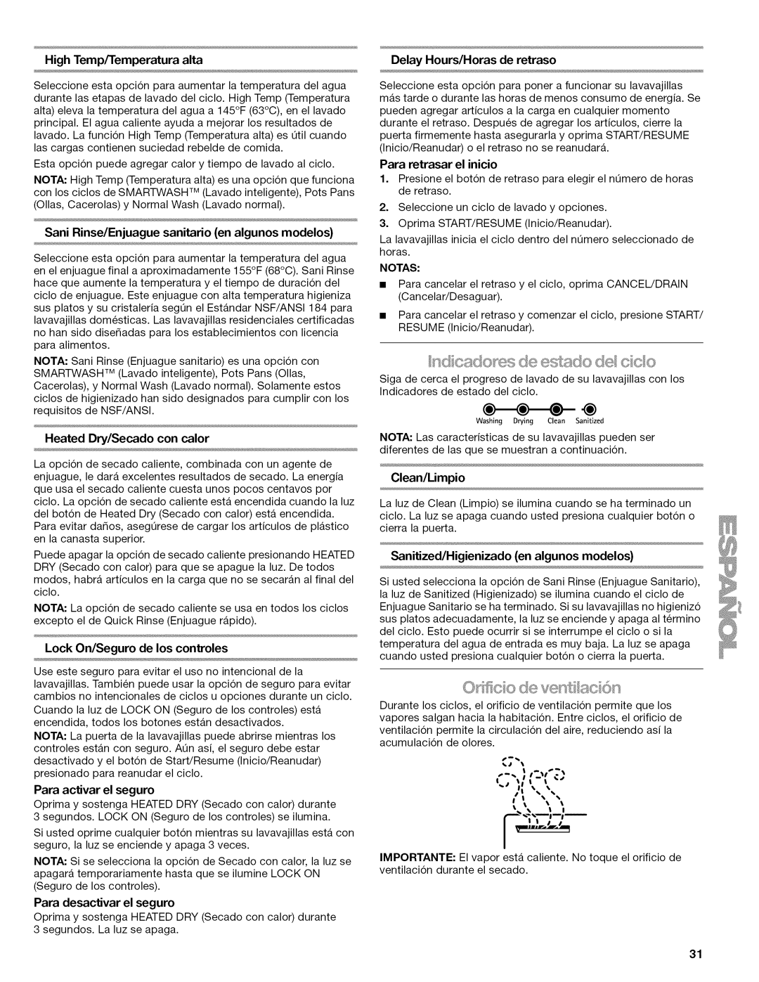 Kenmore 665.1347 High Temp/Temperatura Alta Delay Hours/Horas de retraso, Sani Rinse/Enjuague sanitario en algunos modelos 