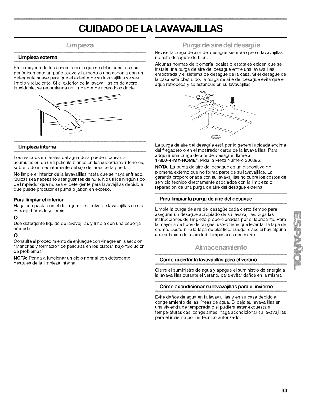 Kenmore 665.1345, 665.1346 manual Cuidado DE LA Lavavajillas, Limpieza externa, Limpieza interna, Para limpiar el interior 