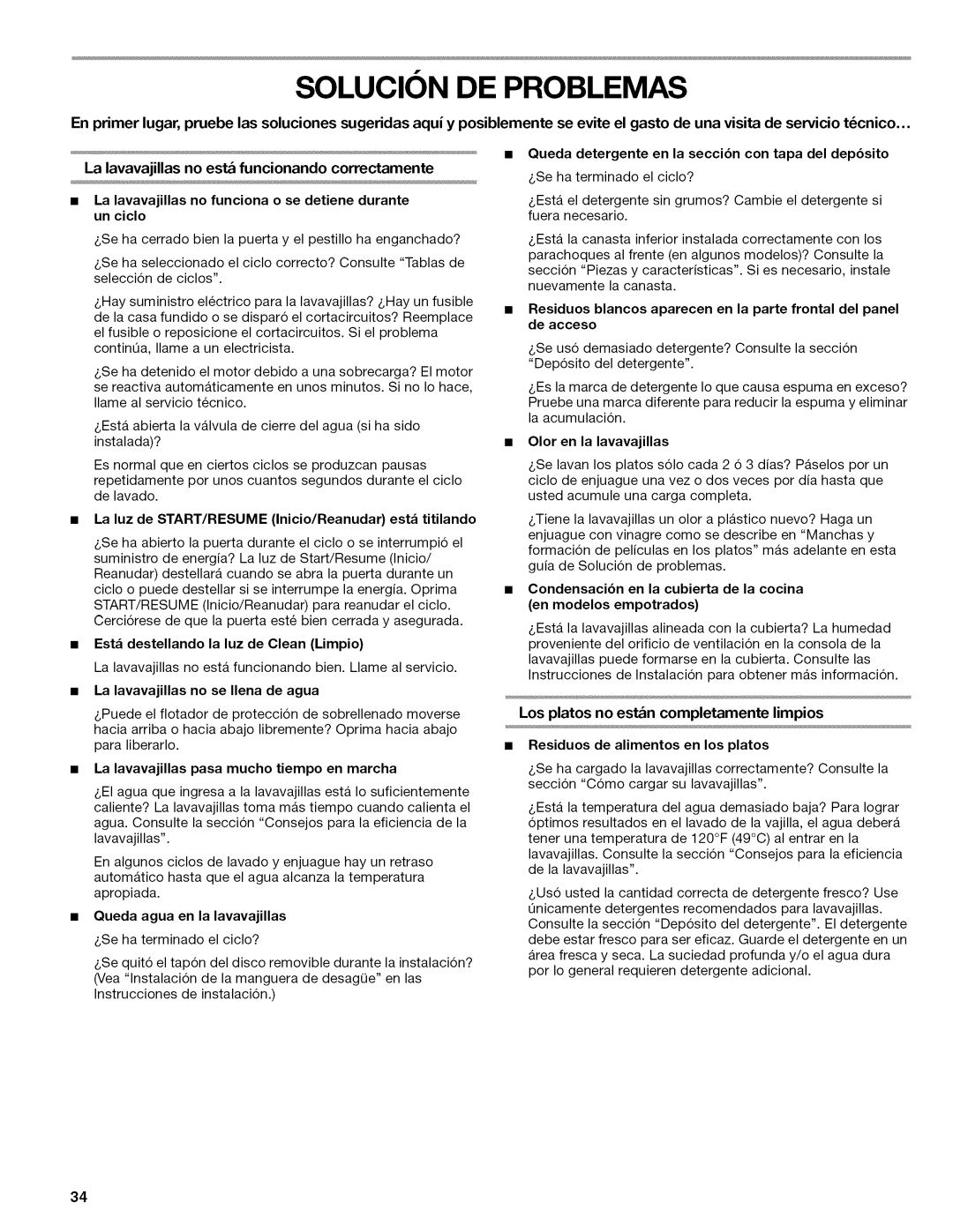Kenmore 665.77925, 665.1346, 665.1347, 665.1324, 665.1345 manual Solucion DE Problemas 