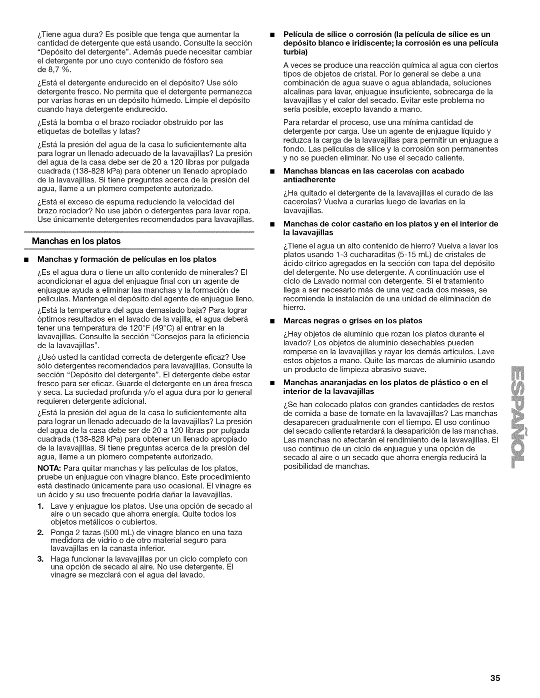 Kenmore 665.1346, 665.1347, 665.1324, 665.1345 manual Manchas en los platos, Manchas y formacibn de peliculas en los platos 