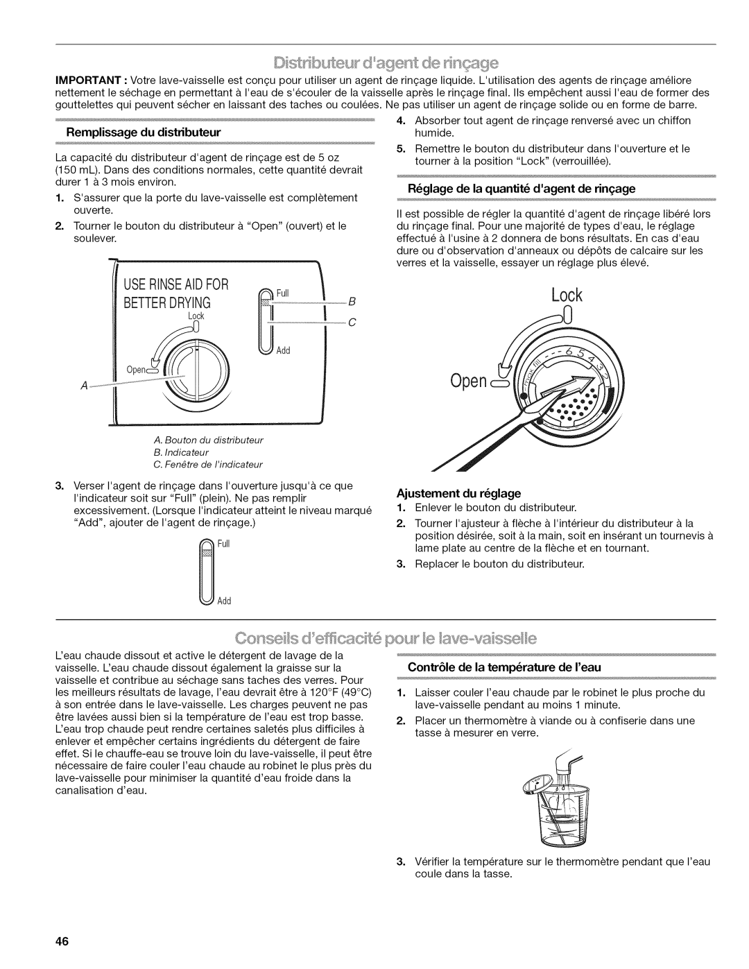 Kenmore 665.1347, 665.1346, 665.1324, 665.1345, 665.77925 manual Rglage de la quantit dagent de ringage, Ajustement du rglage 