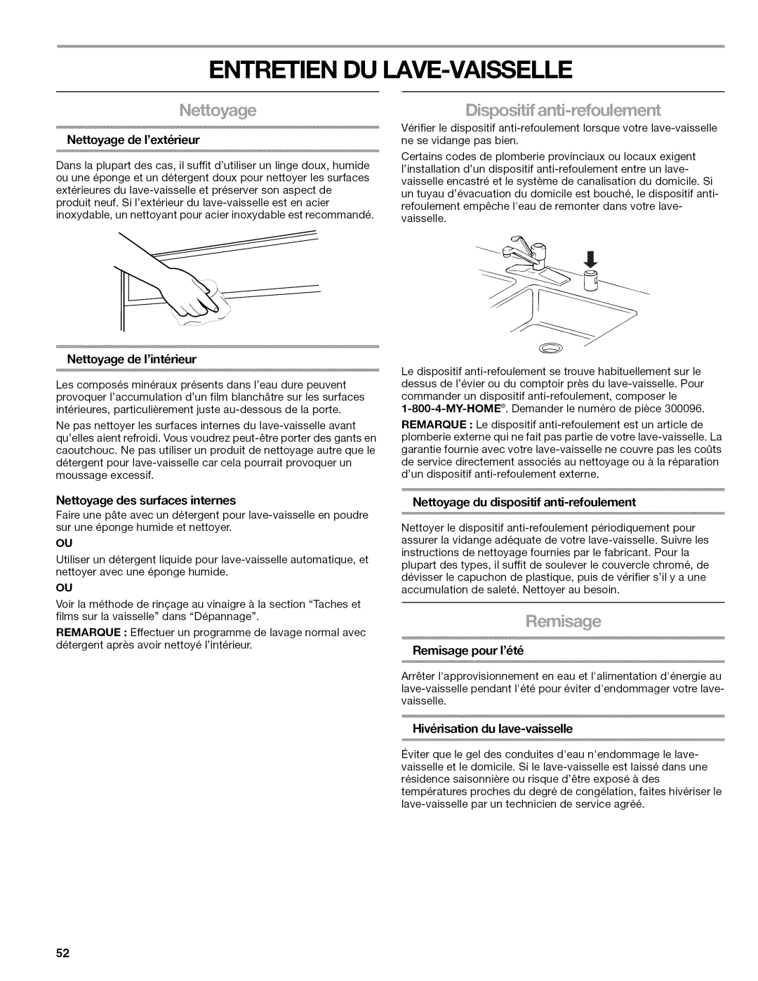 Kenmore 665.1324 Entretien DU LAVE-VAISSELLE, Nettoyage de Iextrieur, Remisage pour It, Hivrisation du lave-vaisselle 