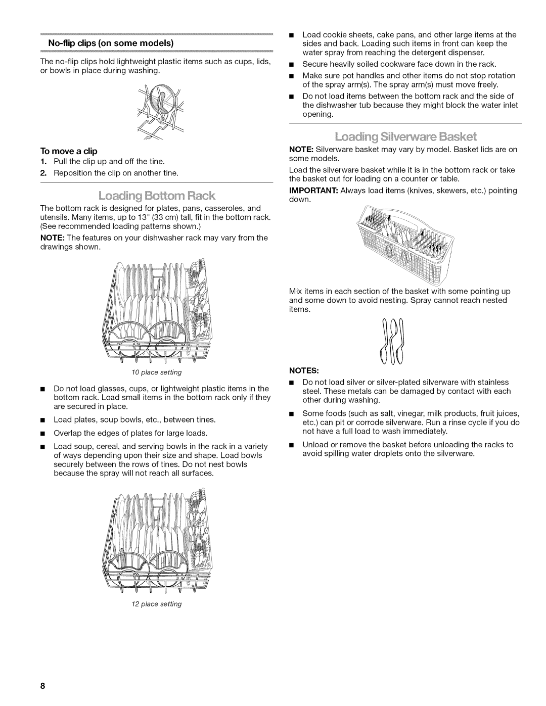 Kenmore 665.1345, 665.1346, 665.1347, 665.1324, 665.77925 manual No-flip clips on some models, To move a clip 