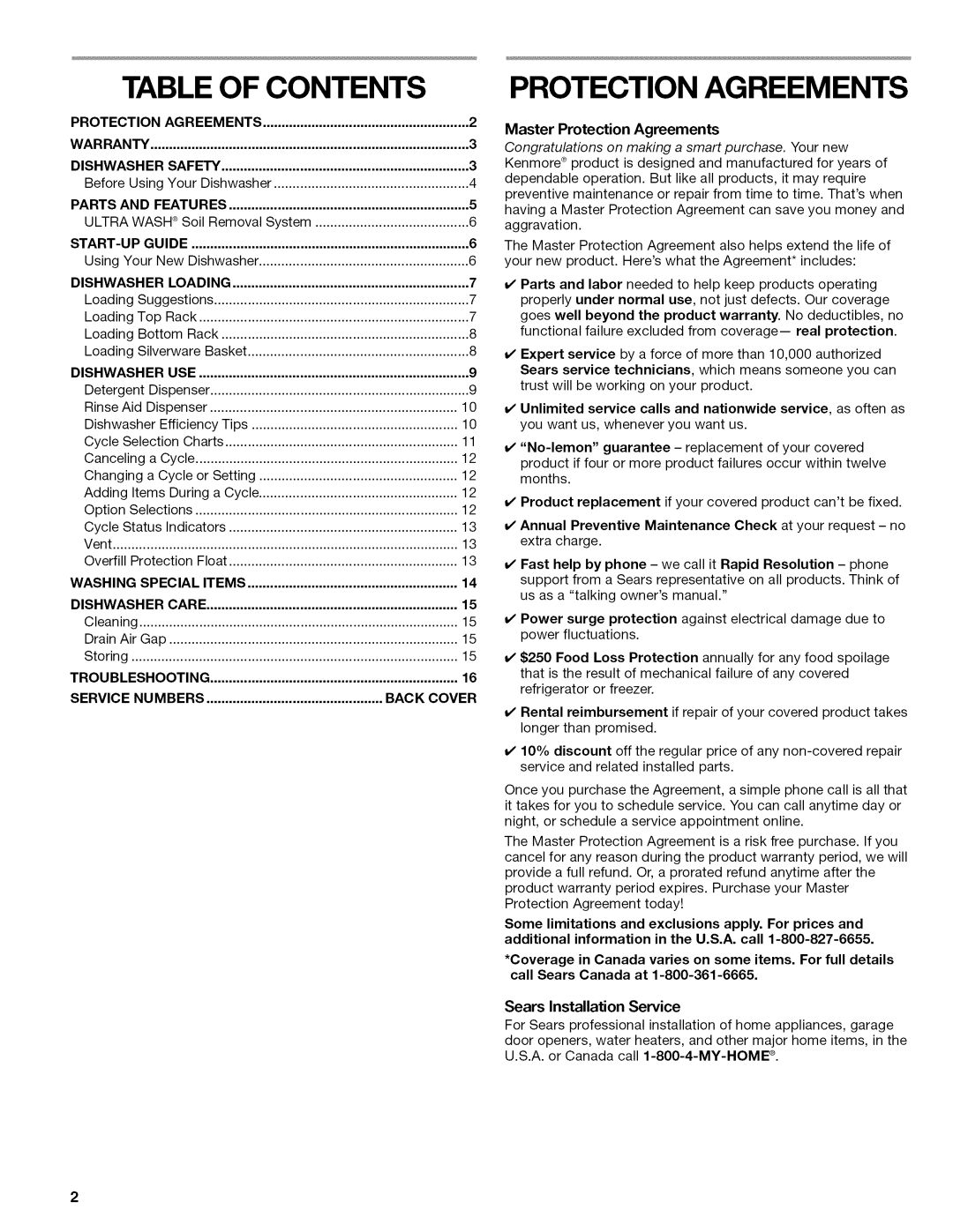 Kenmore 665.77925, 665.13465, 665.13245, 665.13455, 665.13475 manual Table of Contents, Protection Agreements 