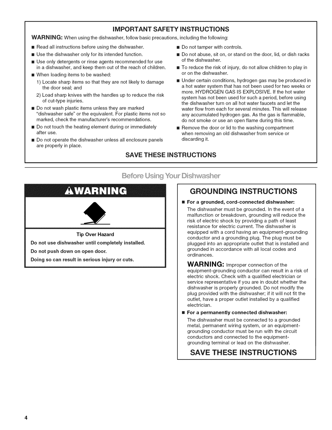 Kenmore 665.13475, 665.13465, 665.13245, 665.77925 IMPORTANT Safety iNSTRUCTiONS, For a grounded, cord-connected dishwasher 