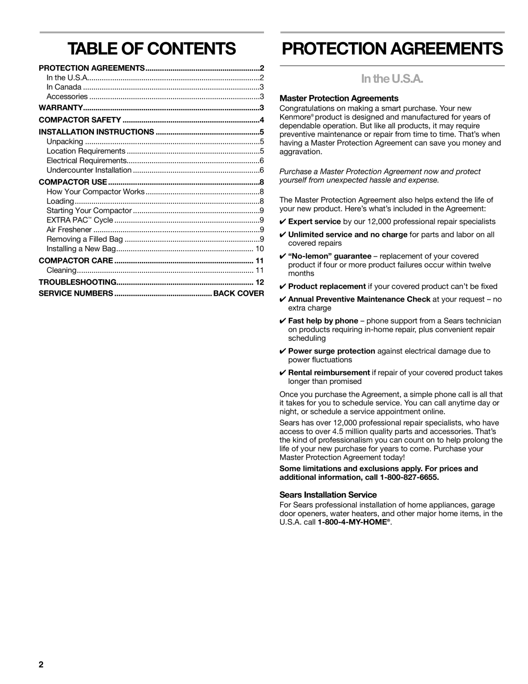 Kenmore 665.1363 manual Table of Contents, Protection Agreements 