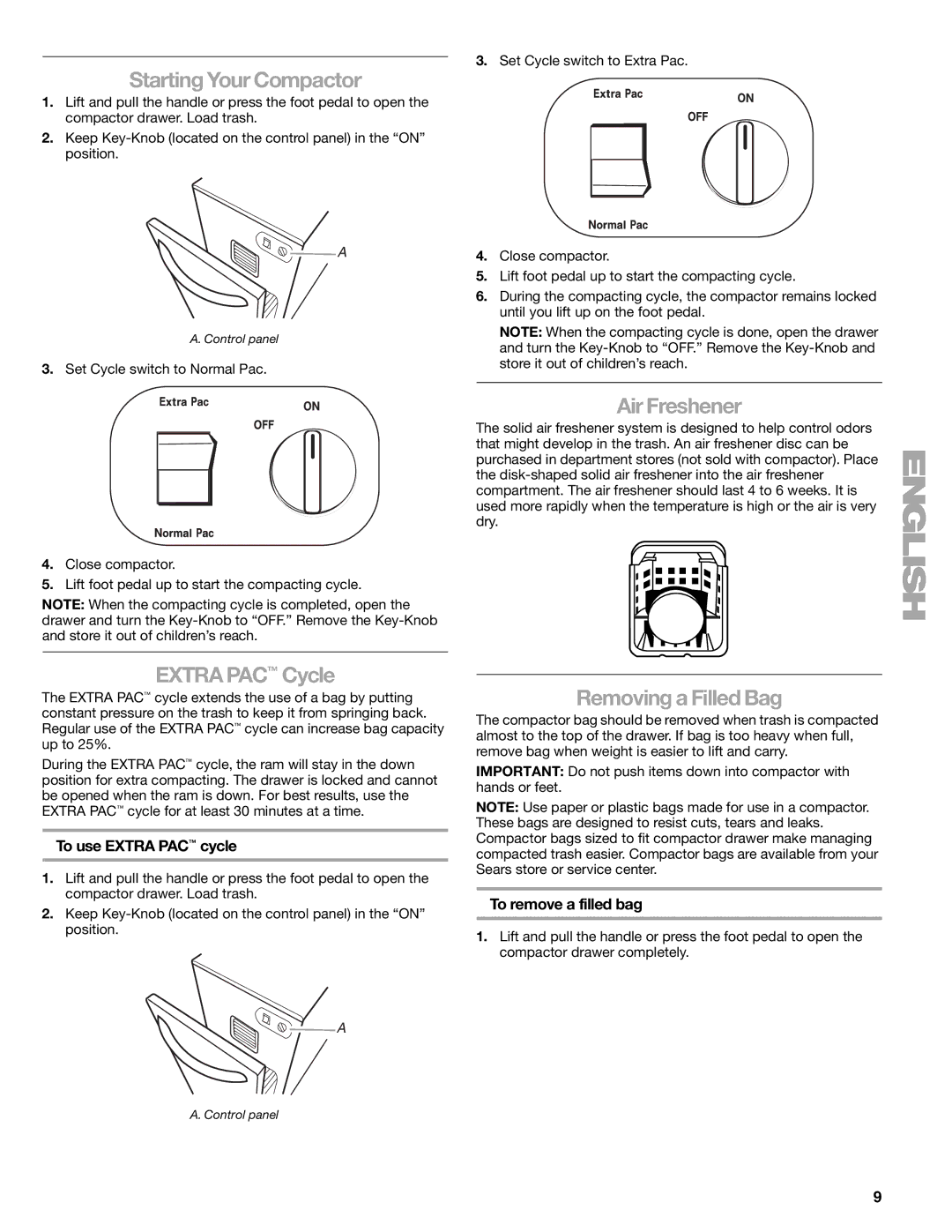 Kenmore 665.1363 manual Starting Your Compactor, Air Freshener, Extra PAC Cycle, Removing a Filled Bag 