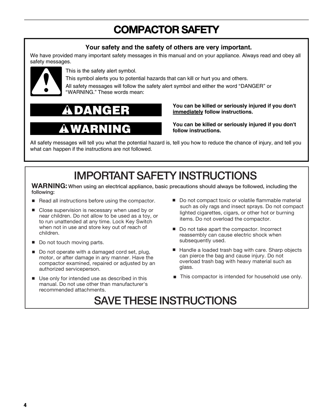 Kenmore 665.1363 manual Compactor Safety, Important Safety Instructions, Save These Instructions 