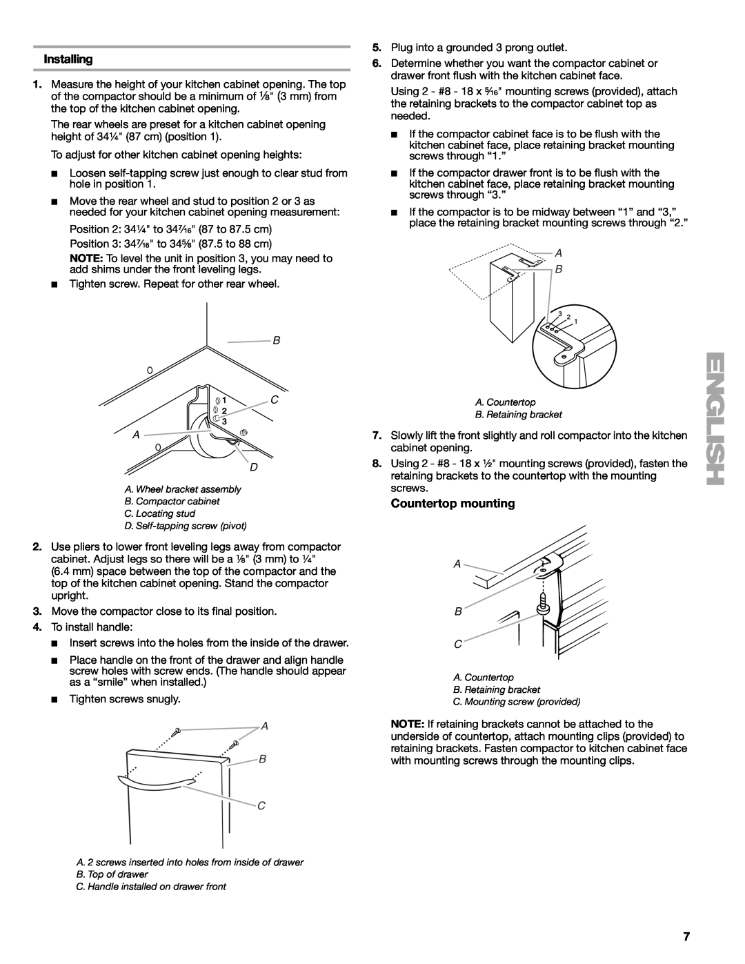 Kenmore 665.1363 manual Installing, Countertop mounting, A B C 