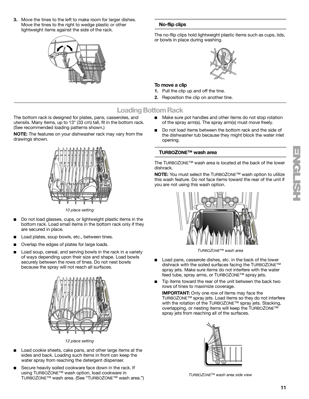 Kenmore 665.1388, 665.1378 manual Loading Bottom Rack, No-flip clips, To move a clip, Turbozone wash area 