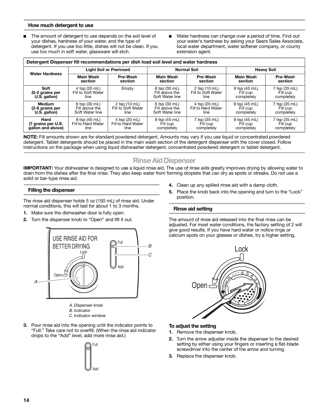 Kenmore 665.1378, 665.1388 manual Rinse Aid Dispenser, How much detergent to use, Rinse aid setting, To adjust the setting 