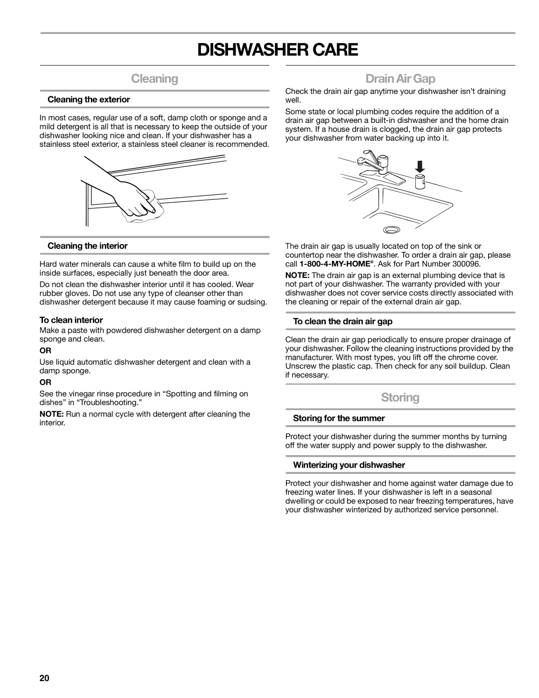 Kenmore 665.1378, 665.1388 manual Dishwasher Care, Cleaning, Drain Air Gap, Storing 