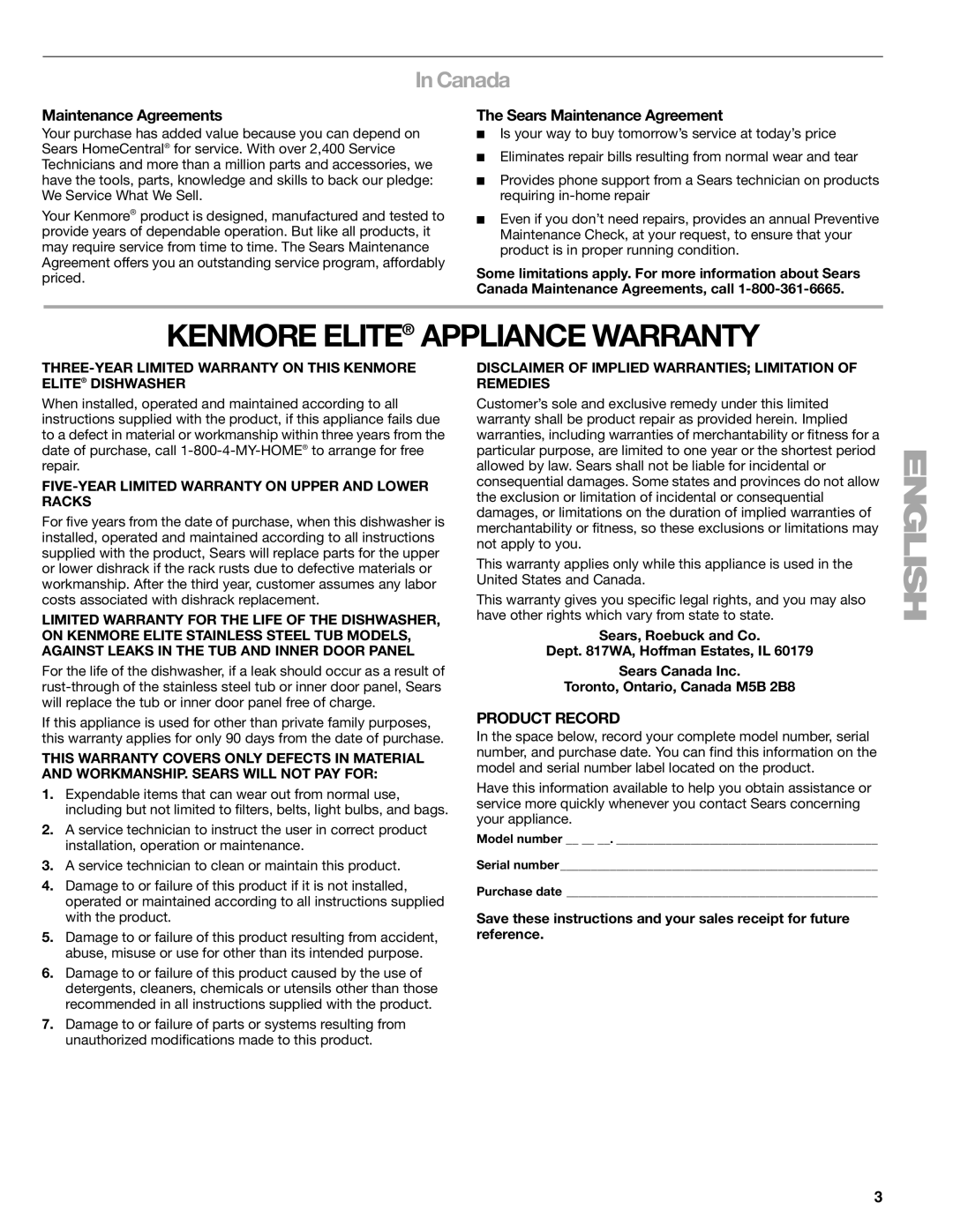 Kenmore 665.1388, 665.1378 Kenmore Elite Appliance Warranty, Canada, Maintenance Agreements, Sears Maintenance Agreement 