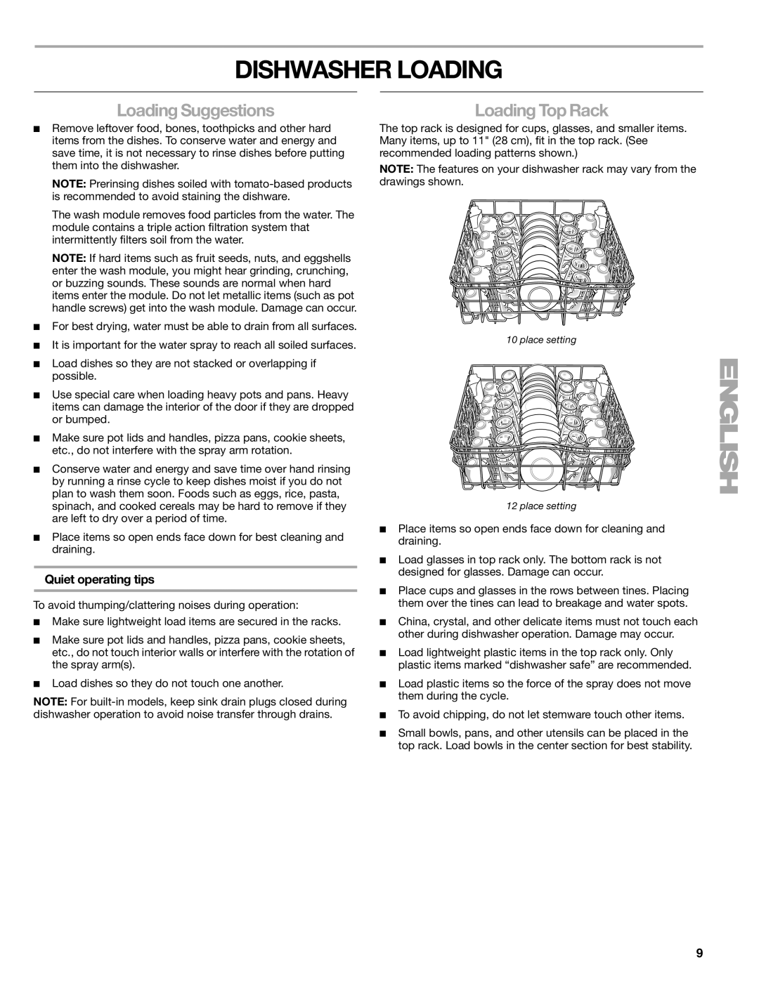 Kenmore 665.1388, 665.1378 manual Dishwasher Loading, Loading Suggestions, Loading Top Rack, Quiet operating tips 